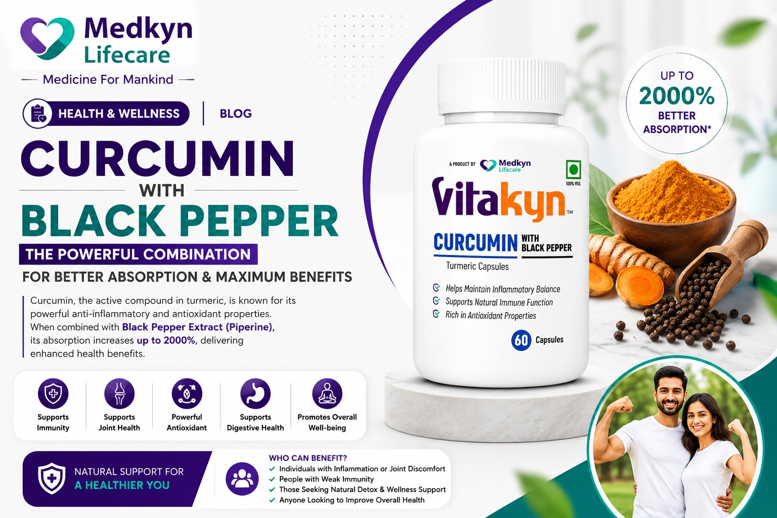 Vitakyn Curcumin with Black Pepper capsules for better absorption — Medkyn Lifecare