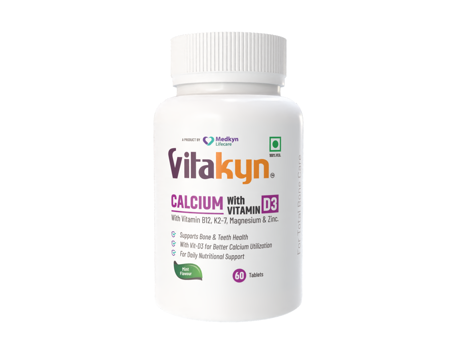Vitakyn Calcium with Vitamin D3, B12, K2-7, Magnesium and Zinc 60 tablets — mint flavour bone health supplement made in India