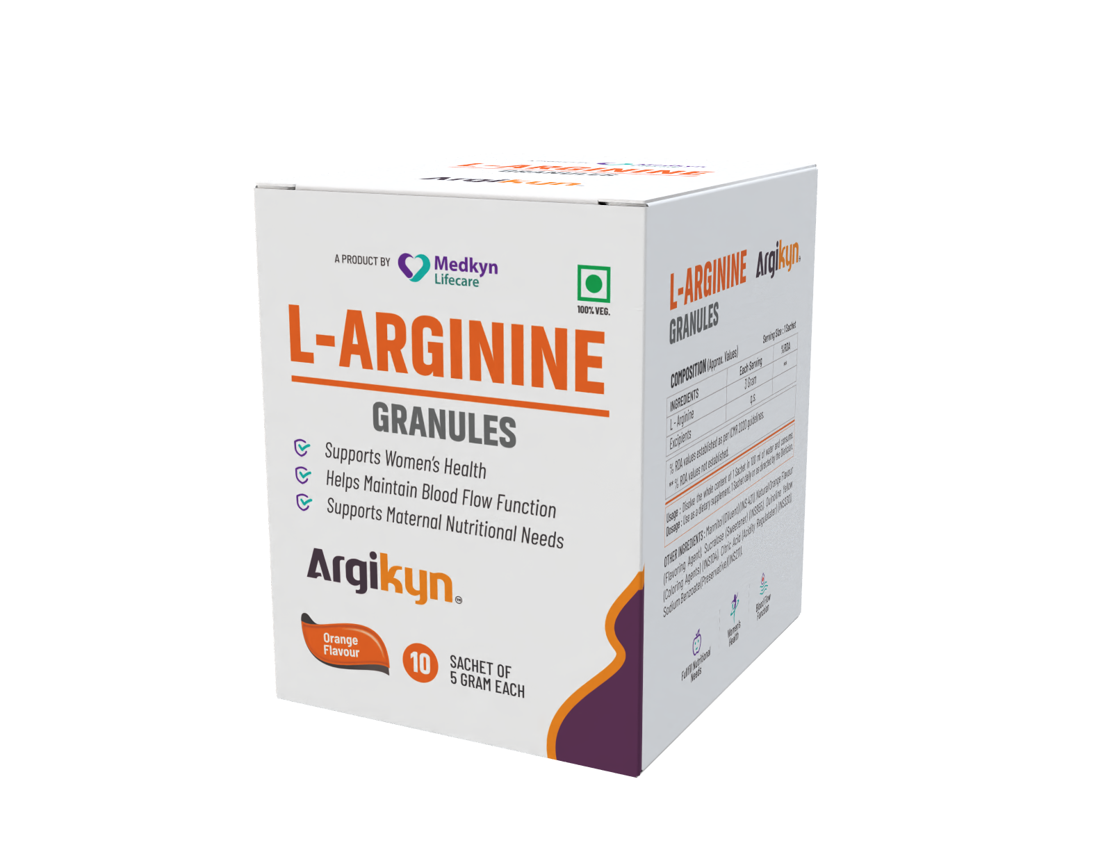 Argikyn L-Arginine Granules 5g sachet — orange flavour women’s health and blood flow supplement made in India by Medkyn Lifecare