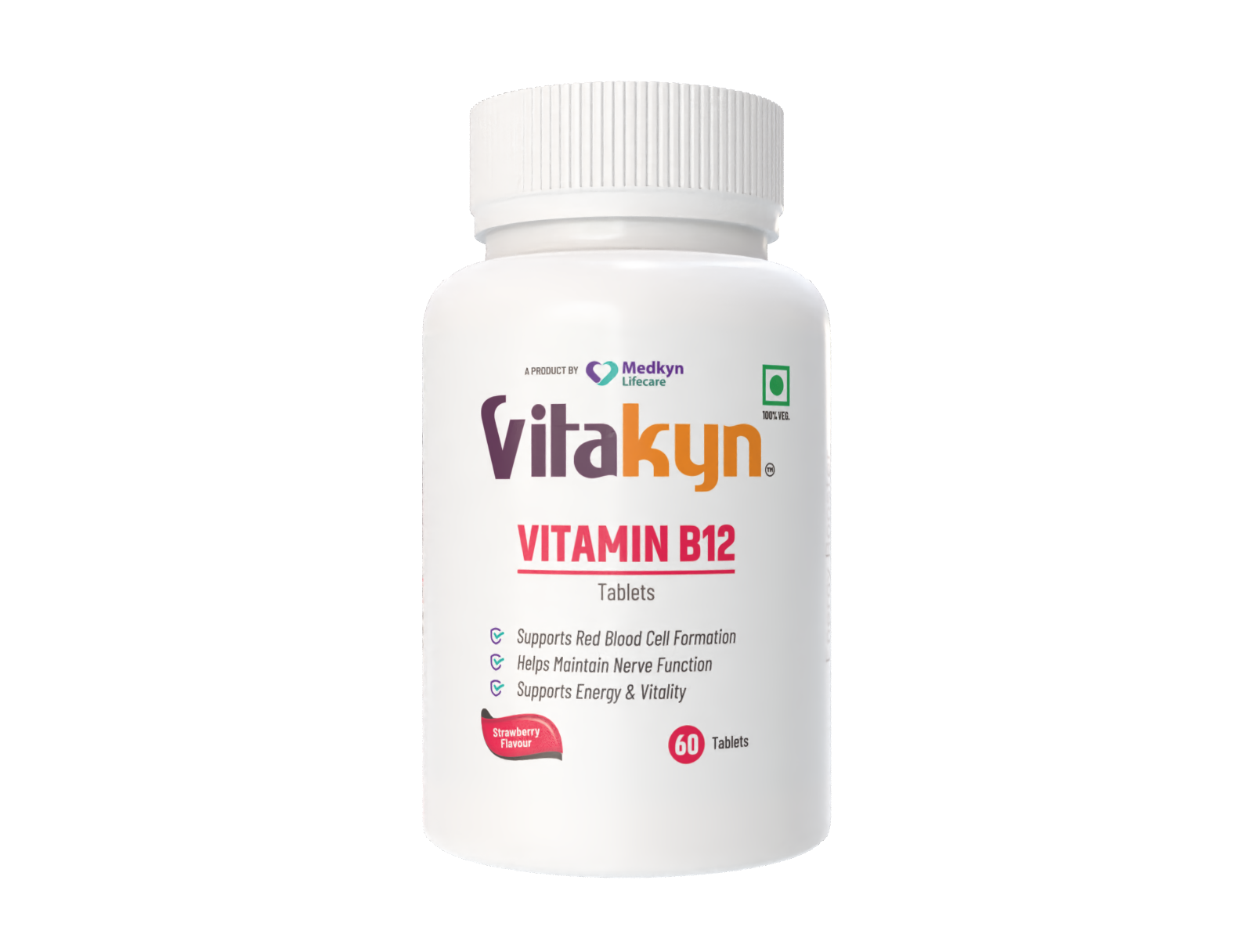 Vitakyn Vitamin B12 60 tablets — strawberry flavour nerve and red blood cell health supplement made in India